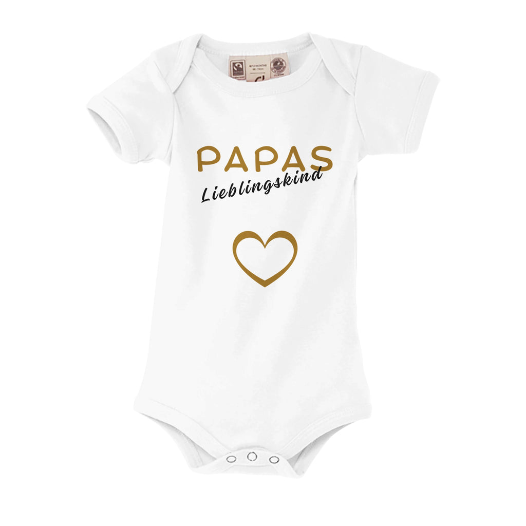 Weißer Bio-Strampler mit Aufdruck: Papas Lieblingskind, in Goldschrift mit Herz