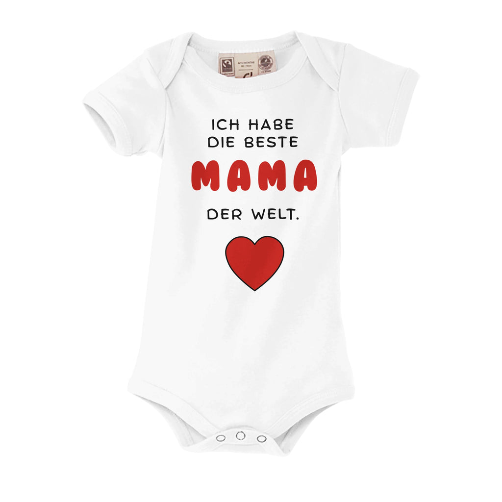 Weißer Bio-Strampler mit Aufdruck: Ich habe die beste Mama der Welt, mit rotem Herz