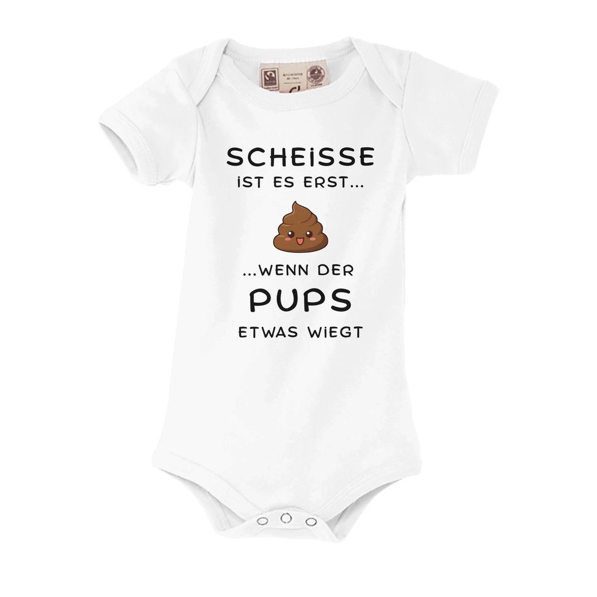 Weißer Bio-Strampler mit Aufdruck: Erst wenn der Pups etwas wiegt, wird es ernst