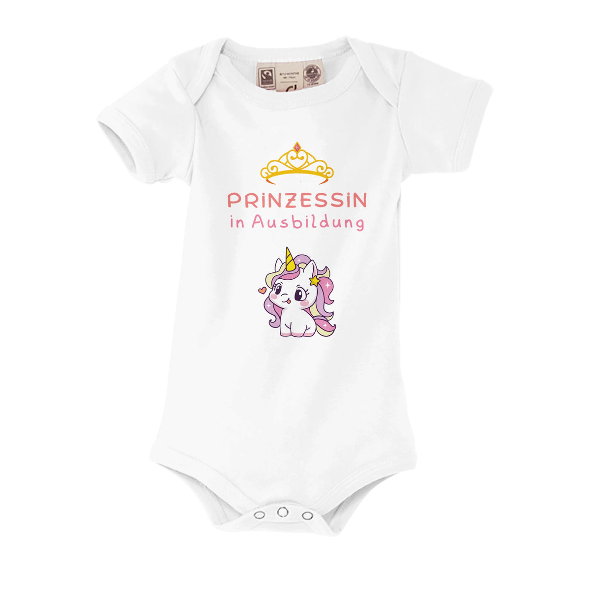 Weißer Bio-Strampler mit Aufdruck: Prinzessin in Ausbildung, mit Krone und Einhorn