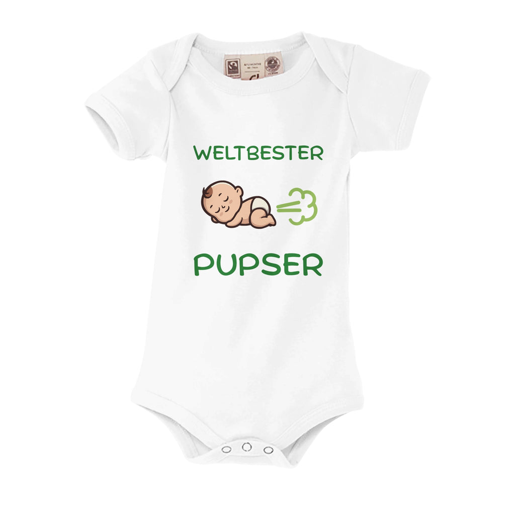 Weißer Bio-Strampler mit Aufdruck: Weltbester Pupser