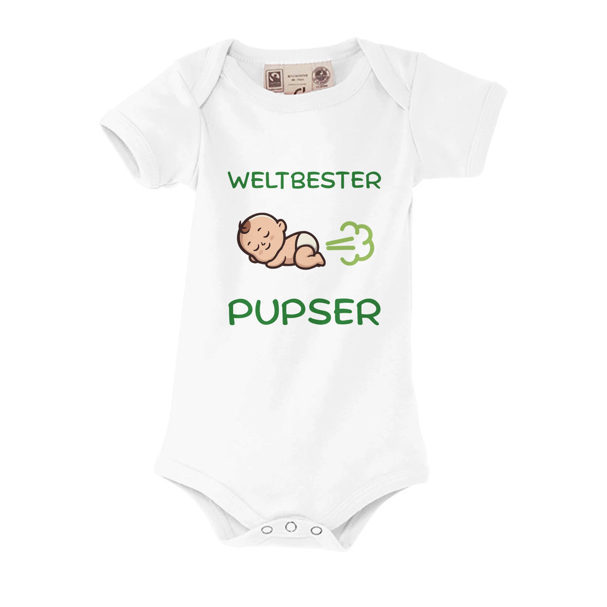 Weißer Bio-Strampler mit Aufdruck: Weltbester Pupser