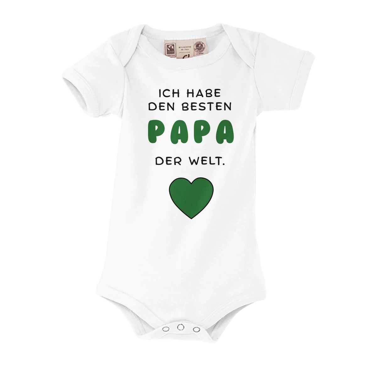 Weißer Bio-Strampler mit Aufdruck: Ich habe den besten Papa der Welt, mit grünem Herz