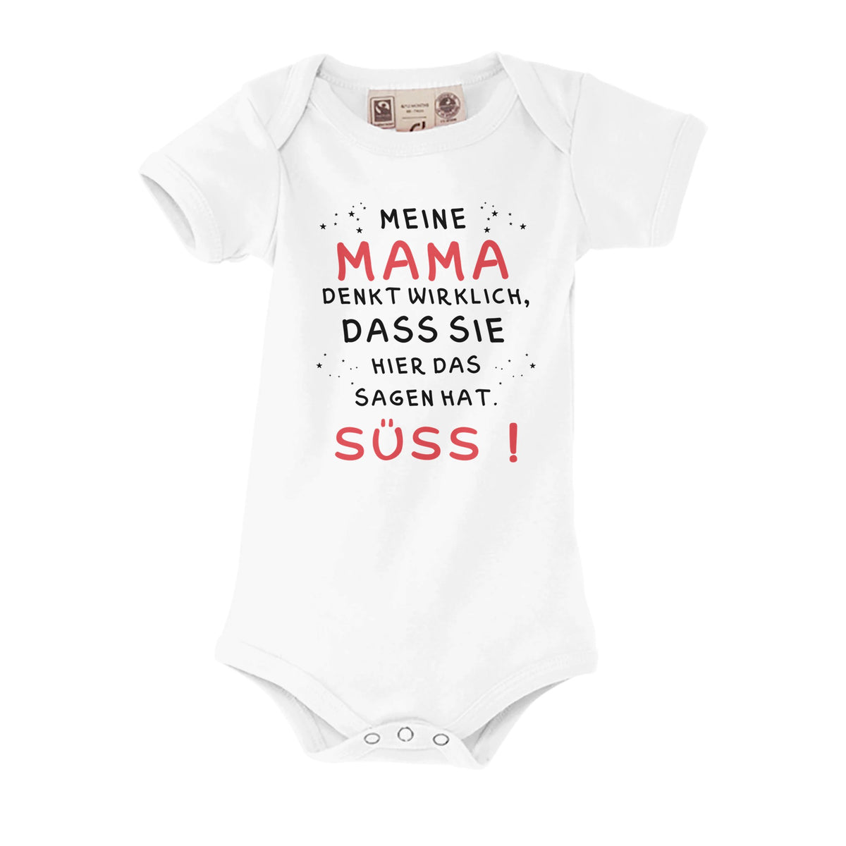 Weißer Bio-Strampler mit Aufdruck: Meine Mama denkt wirklich, dass sie hier das Sagen hat